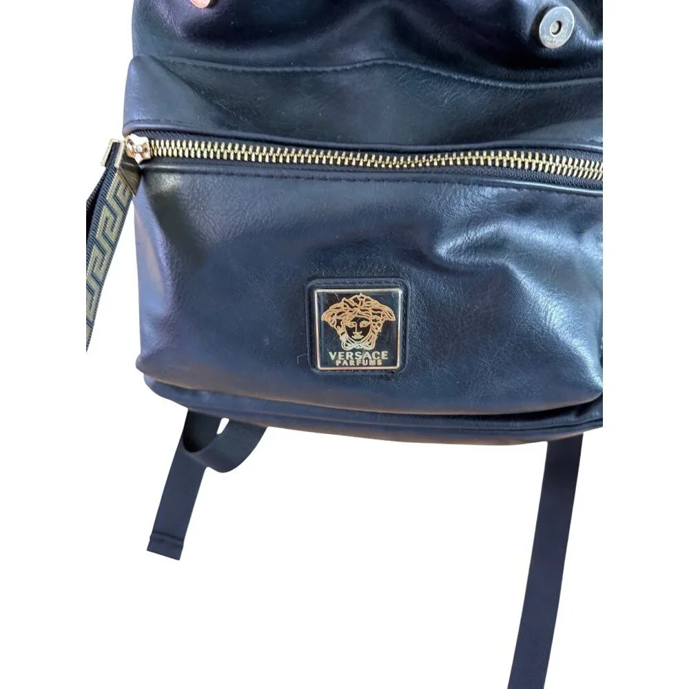 Versace Parfums Mens Faux Leather Black Backpack with Gold Details Modern